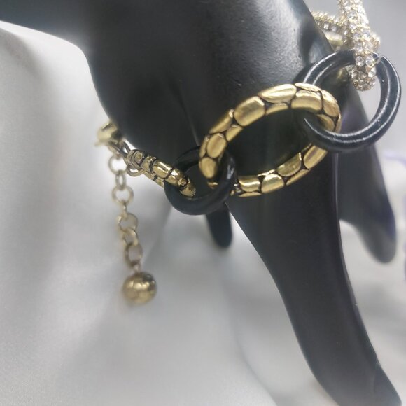 Vintage 80's Bracelet Rhinestones Oval Links Gold Black Cheetah Silver 7-9'' EUC - Picture 4 of 7